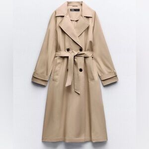 ZARA SMALL BASIC BELTED LONG TRENCH COAT BEIGE KHAKI $119